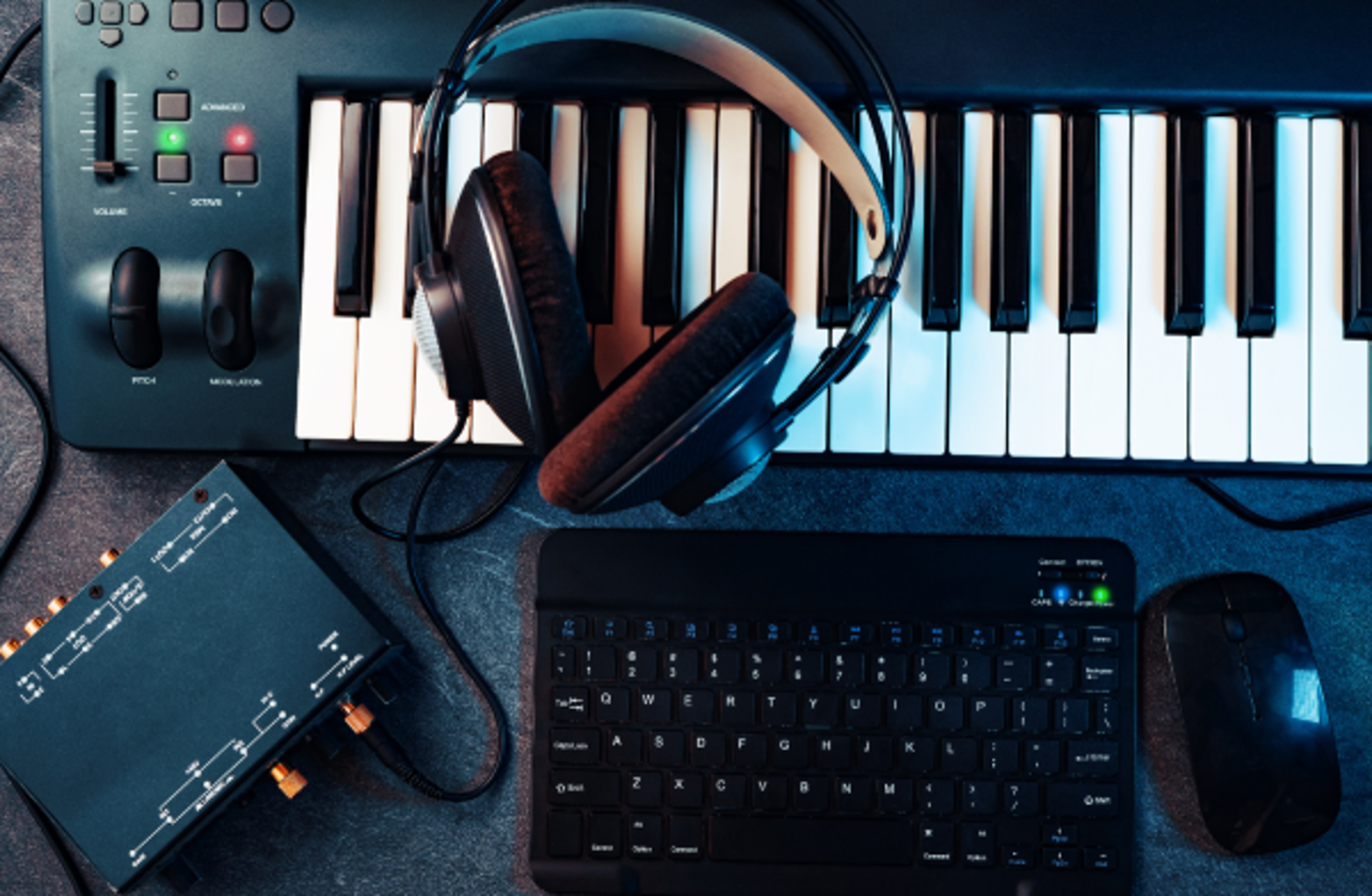 headphones and piano keyboard